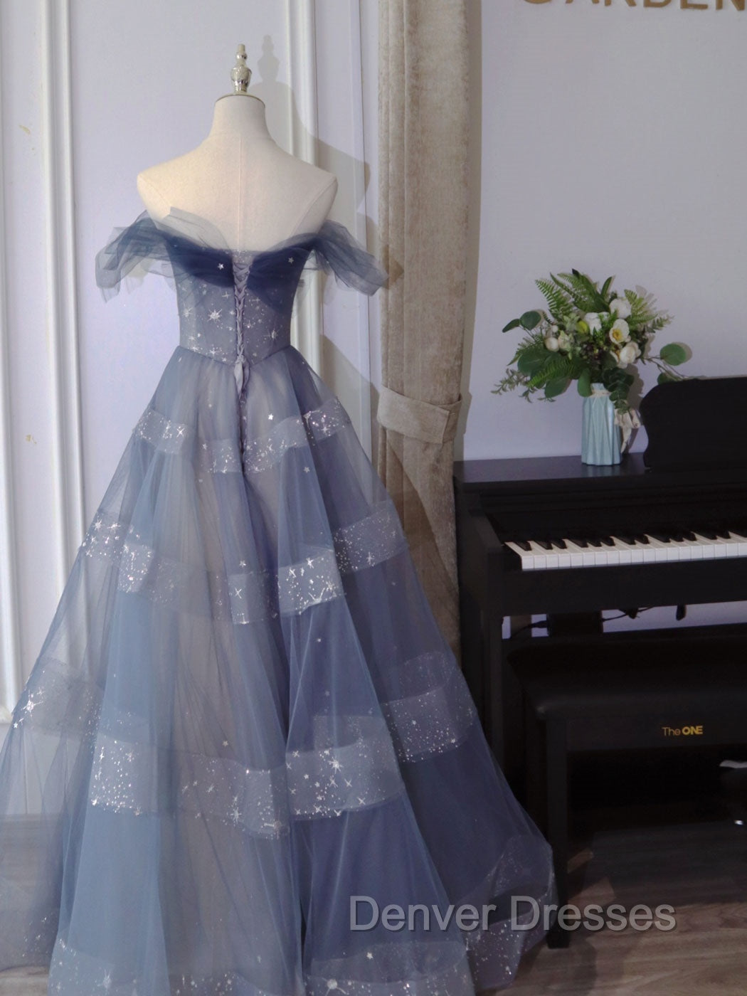 Blue Tulle Off Shoulder Long Prom dress, Blue A line Evening Dress Secondary image
