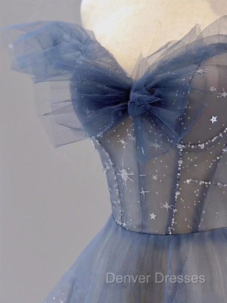 Blue Tulle Off Shoulder Long Prom dress, Blue A line Evening Dress