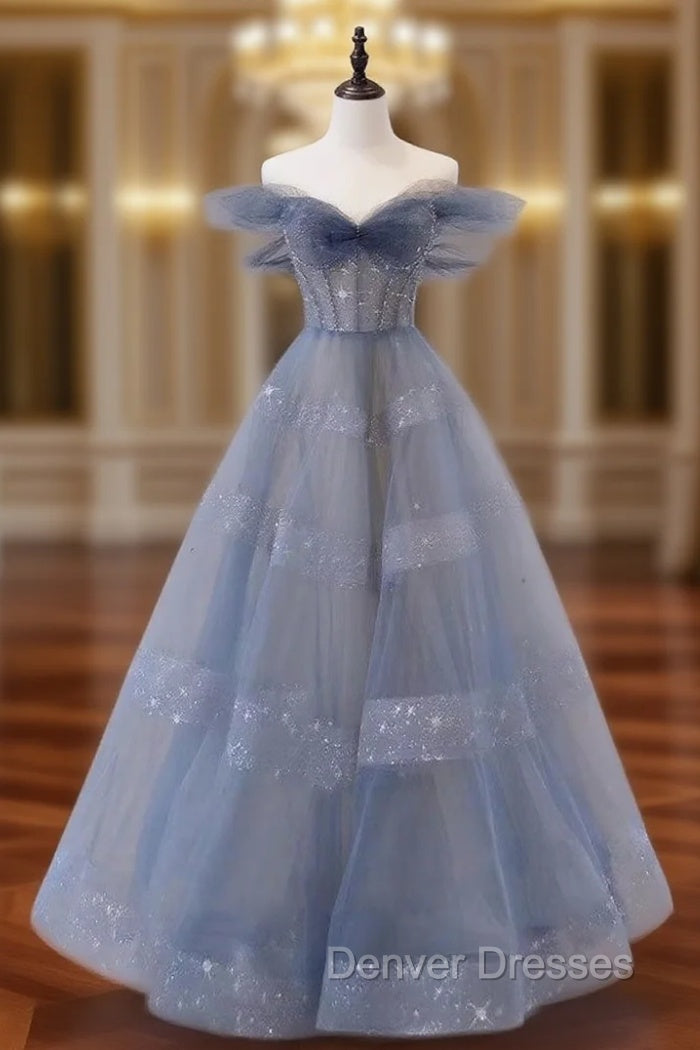 Blue Tulle Off Shoulder Long Prom dress, Blue A line Evening Dress Main image