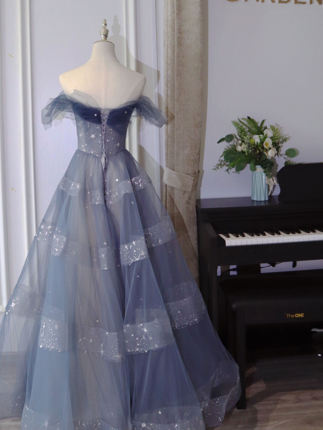 Blue Tulle Off Shoulder Long Prom Dress, Blue Tulle Formal Dress