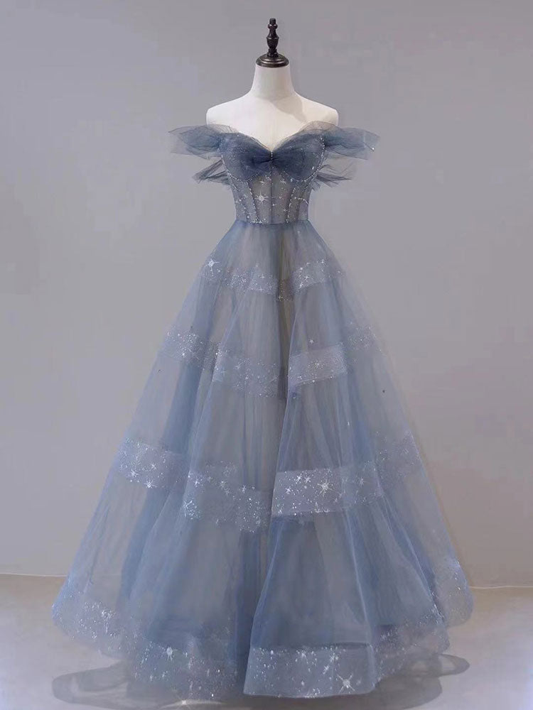 Blue Tulle Off Shoulder Long Prom Dress, Blue Tulle Formal Dress Main image