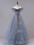 Blue Tulle Off Shoulder Long Prom Dress, Blue Tulle Formal Dress