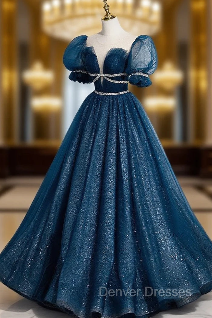 Blue Tulle Off Shoulder Long Prom Dress, Blue Tulle Formal Dress Main image