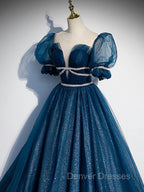 Blue Tulle Off Shoulder Long Prom Dress, Blue Tulle Formal Dress