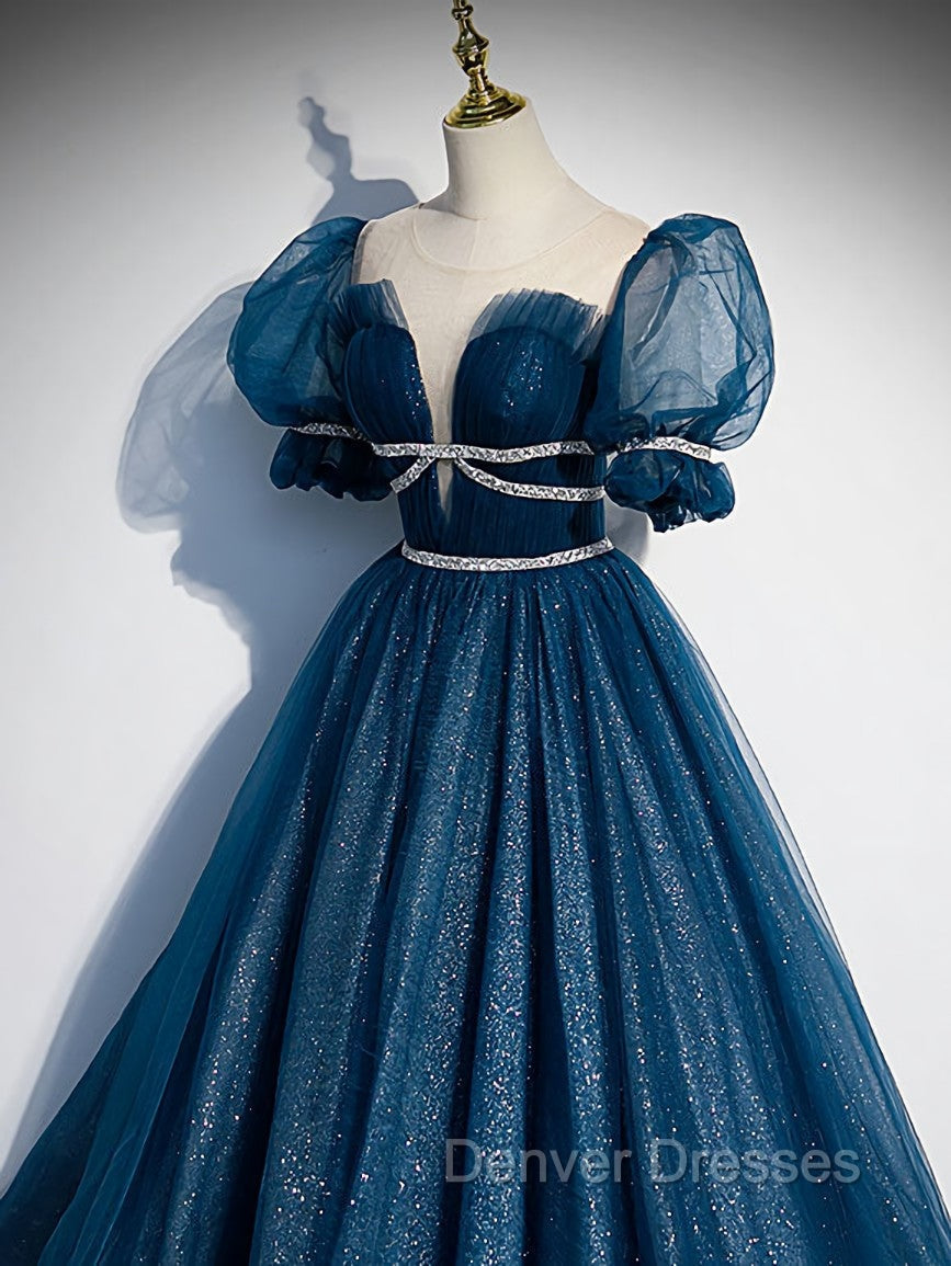 Blue Tulle Off Shoulder Long Prom Dress, Blue Tulle Formal Dress