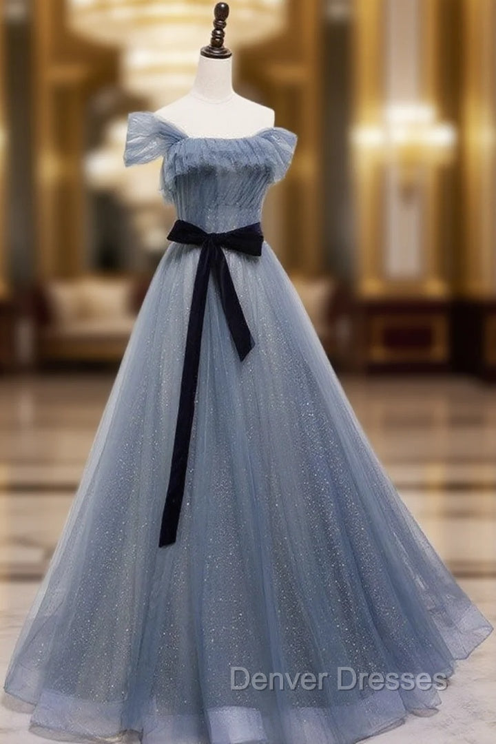 Blue Tulle Off Shoulder Sequin Long Prom Dress Blue Evening Dress Secondary image