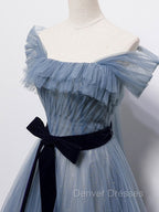 Blue Tulle Off Shoulder Sequin Long Prom Dress Blue Evening Dress