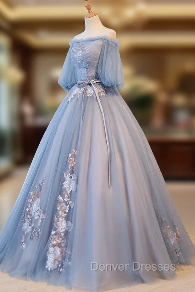 Blue Tulle Off Shoulder with Lace Floral Long Party Dress, Cute Party Dress Prom Dress