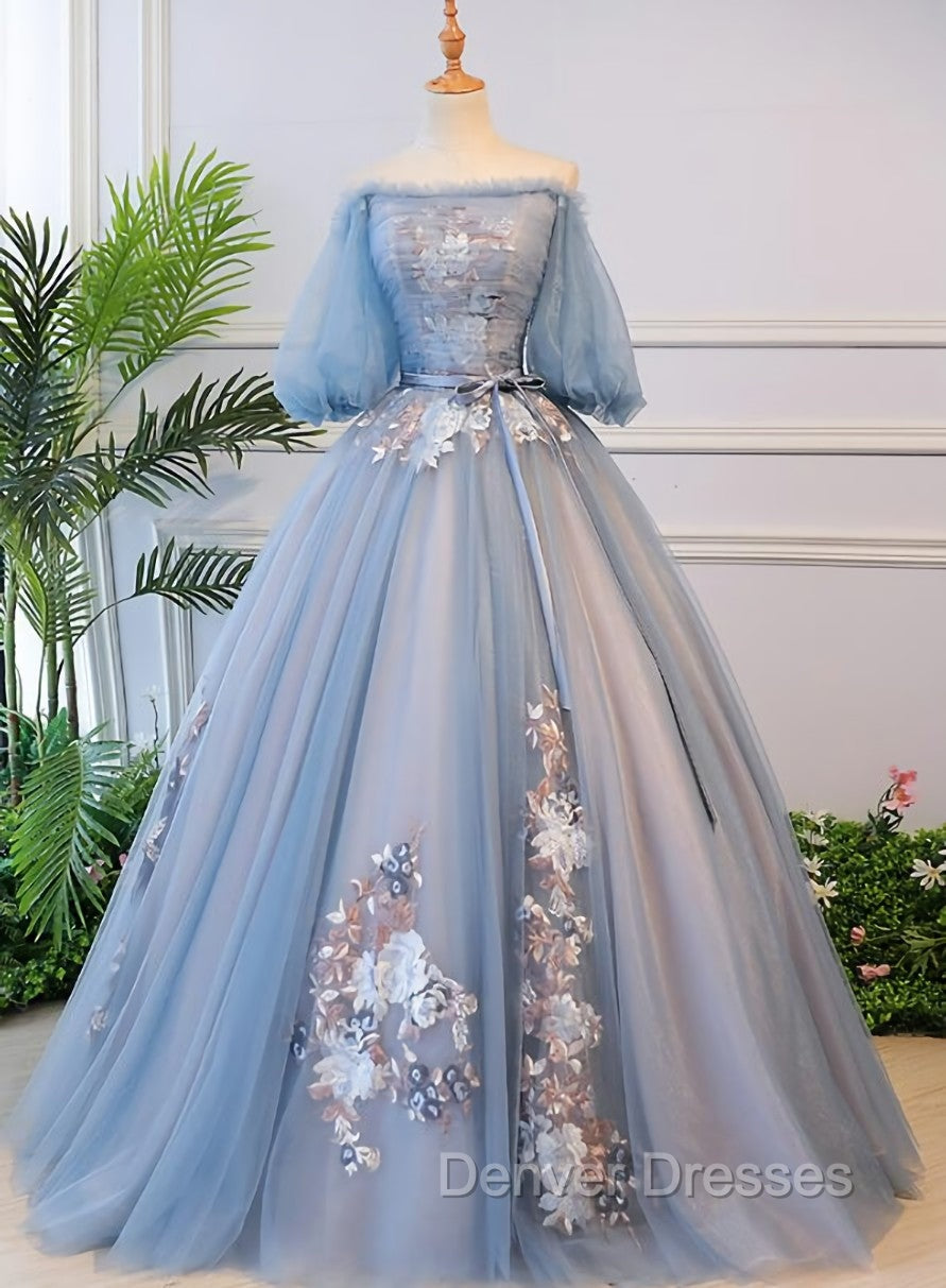 Blue Tulle Off Shoulder with Lace Floral Long Party Dress, Cute Party Dress Prom Dress Main image