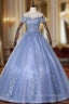 Blue Tulle Off the Shoulder Appliques Beading Quinceanera Dress