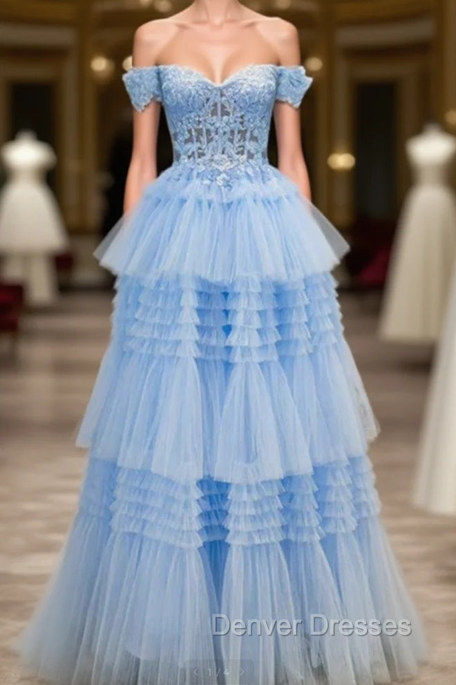 Blue Tulle Off the Shoulder Appliques Tiers Prom Dress Main image