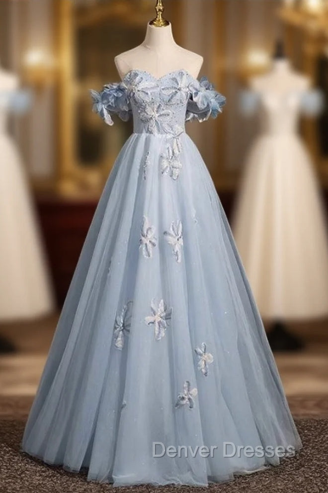 Blue Tulle Off the Shoulder Flower Pearls Prom Dress Main image
