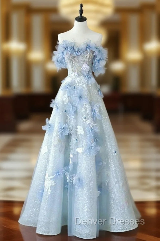 Blue Tulle Off the Shoulder Flower Prom Dress Main image