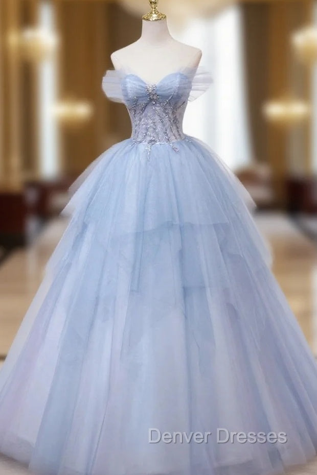 Blue Tulle Off the Shoulder Lace Beading Prom Dress Main image
