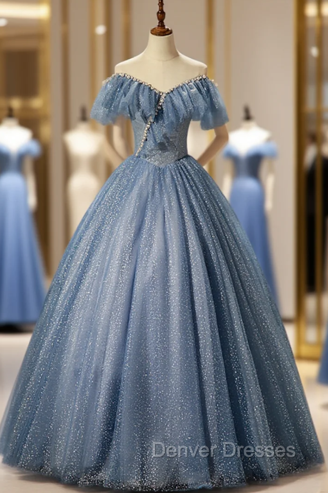 Blue Tulle Off the Shoulder Pearls Quinceanera Dress Main image