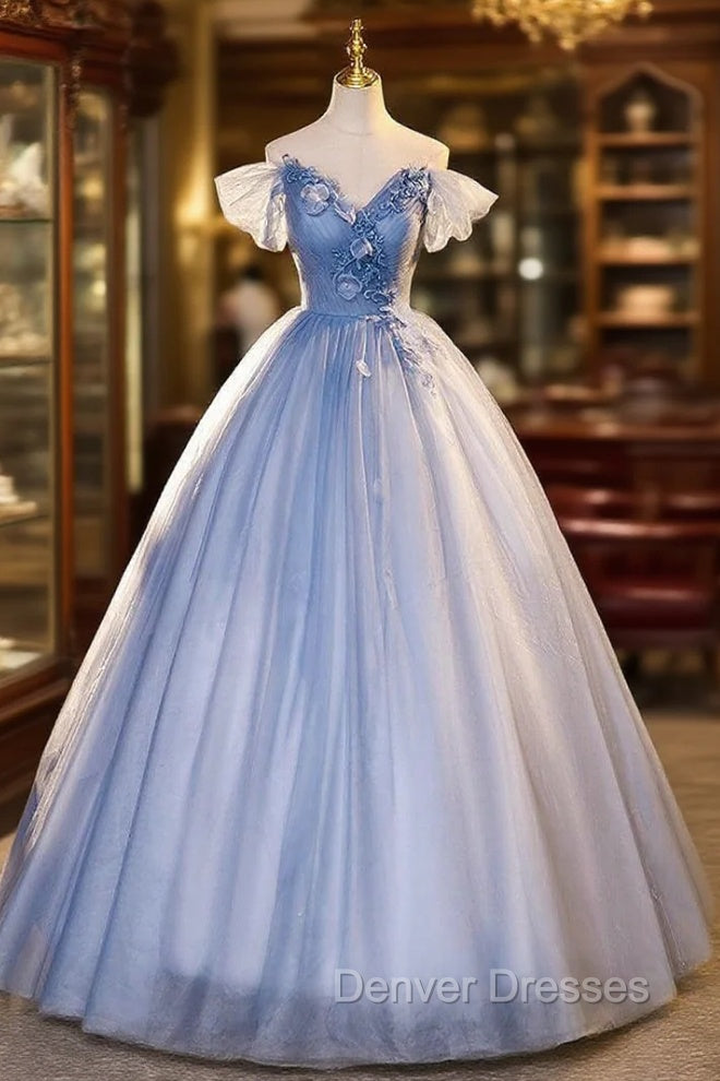 Blue Tulle Off the Shoulder Pleats Appliques Quinceanera Dress Main image