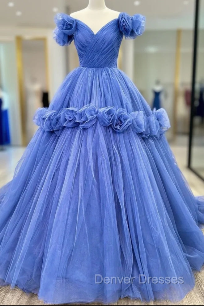 Blue Tulle Off the Shoulder Pleats Flower Prom Dress Main image