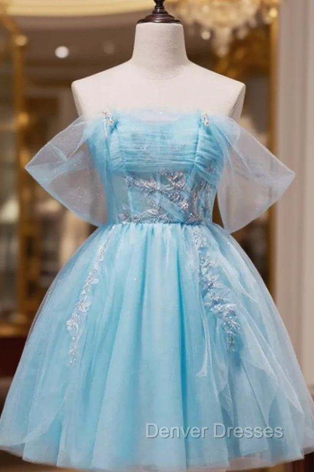 Blue Tulle Off the Shoulder Pleats Homecoming Dress Main image
