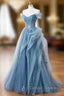 Blue Tulle Off the Shoulder Pleats Prom Dress