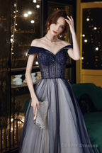 Blue Tulle Off The Shoulder Prom Dress, A-Line Evening Graduation Dress