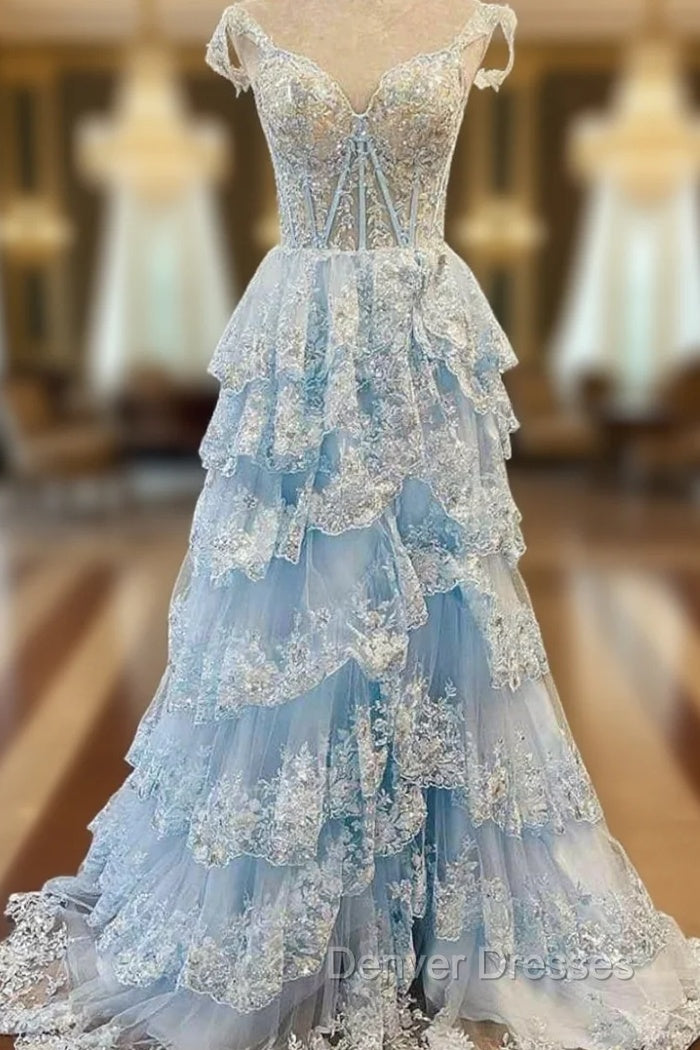 Blue Tulle Off the Shoulder Sequins Appliques Prom Dress Main image