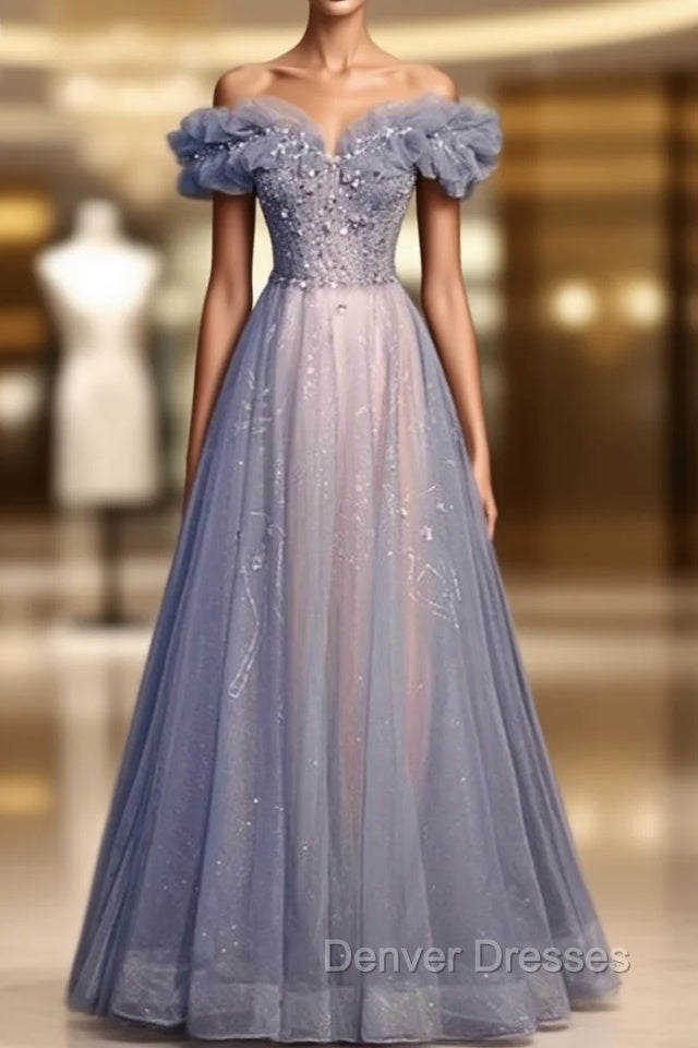 Blue Tulle Off the Shoulder Sequins Beading Prom Dress Main image