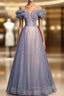 Blue Tulle Off the Shoulder Sequins Beading Prom Dress
