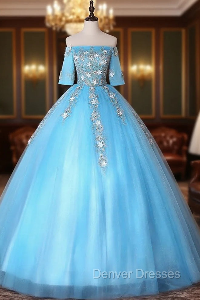 Blue Tulle Off the Shoulder Short Sleeve Appliques Quinceanera Dress Main image
