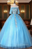 Blue Tulle Off the Shoulder Short Sleeve Appliques Quinceanera Dress