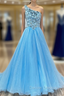 Blue Tulle One Shoulder Sequins Crystal Prom Dress