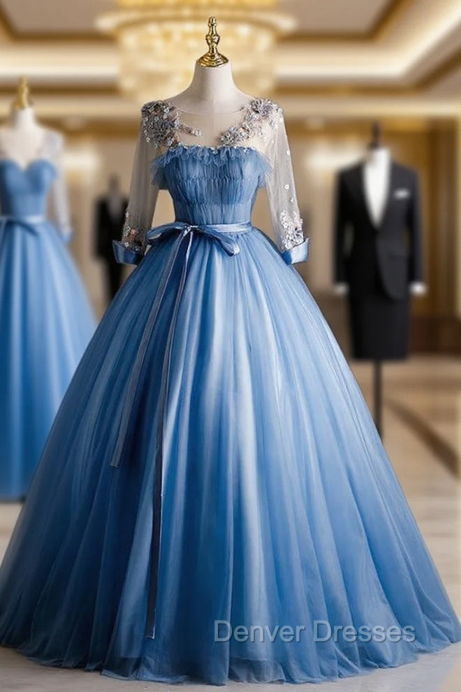 Blue Tulle Pleats Appliques Long Sleeve Quinceanera Dress Main image