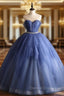 Blue Tulle Pleats Backless Beading Quinceanera Dress