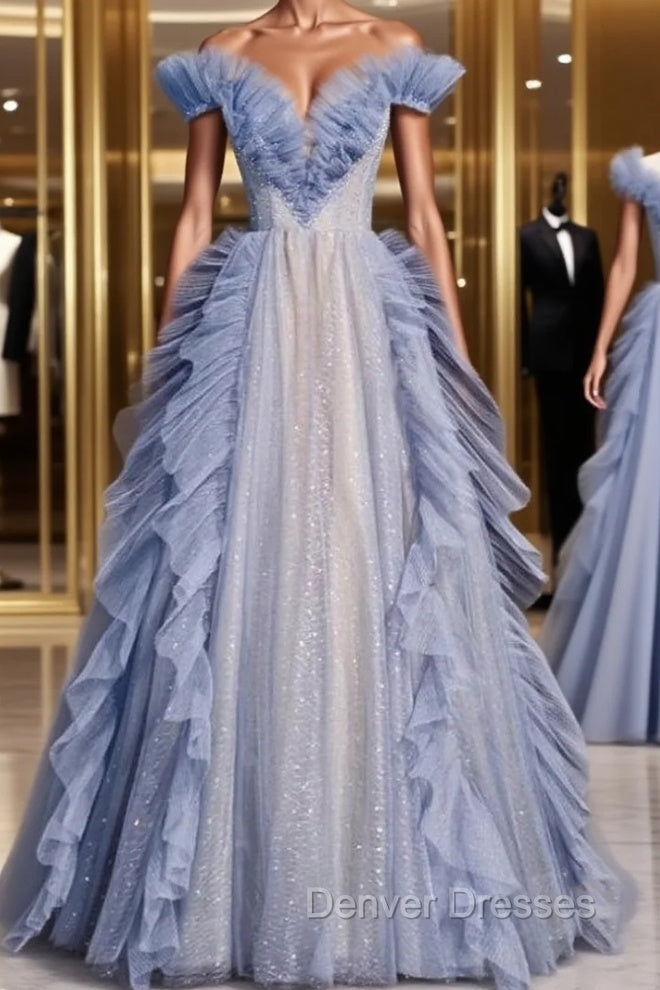 Blue Tulle Pleats Beading Prom Dress Main image