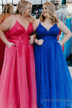 Blue Tulle Plus Size Long Prom Dress with Appliques