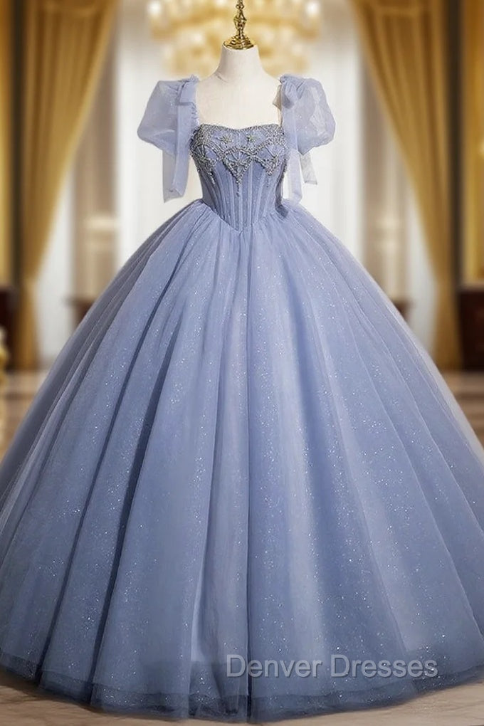 Blue Tulle Puff Sleeve Beading Princess Quinceanera Dress Main image