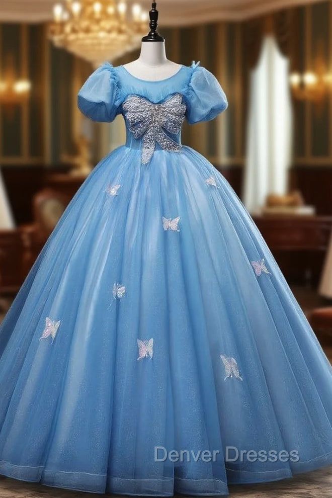 Blue Tulle Puff Sleeve Beading Quinceanera Dress Main image
