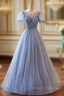 Blue Tulle Puff Sleeve Beading Sequins Prom Dress