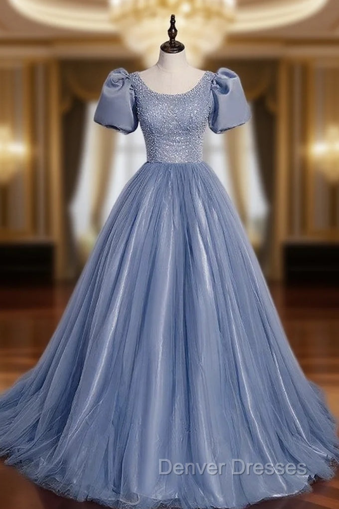Blue Tulle Puff Sleeve Pearls Prom Dress Main image