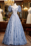 Blue Tulle Puff Sleeve Sequins Beading Prom Dress