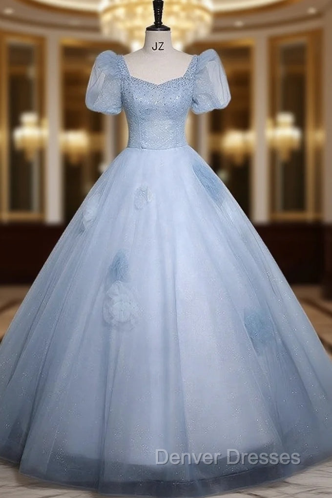 Blue Tulle Puff Sleeve Sequins Beading Quinceanera Dress Main image