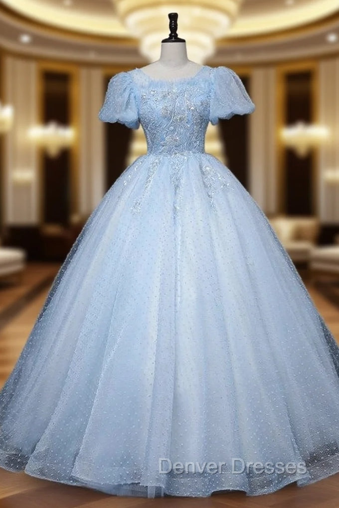 Blue Tulle Puff Sleeve Sequins Quinceanera Dress