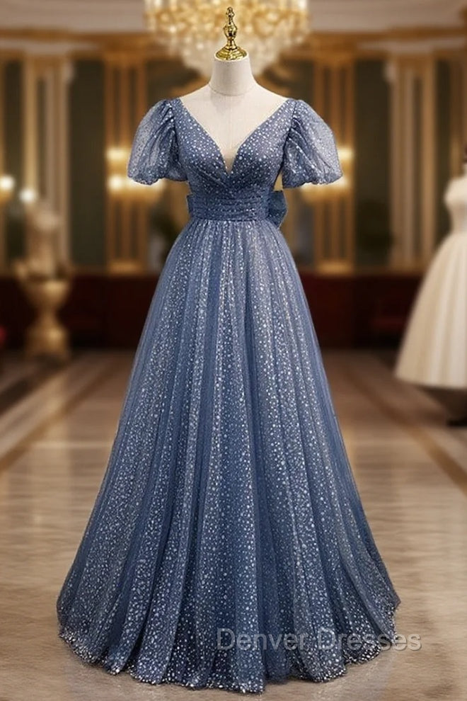 Blue Tulle Puff Sleeve Wave Point Prom Dress Main image