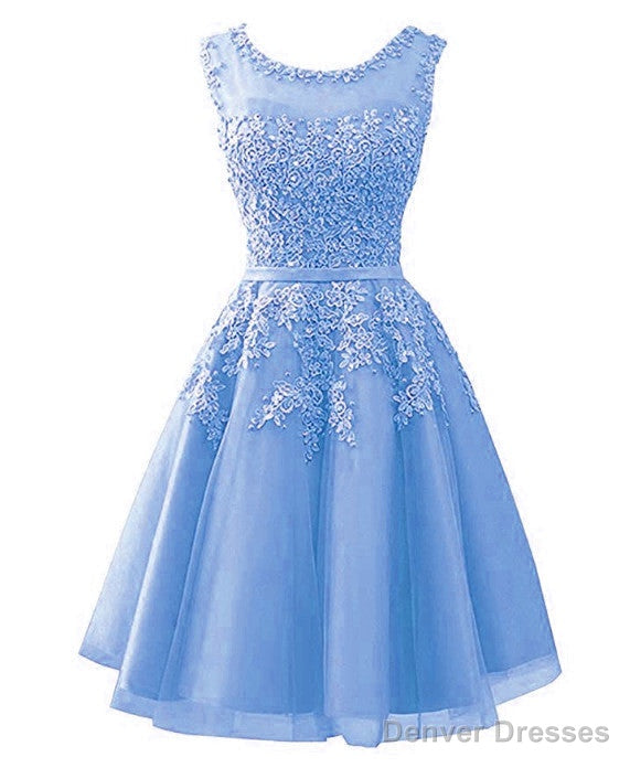 Blue Tulle Round Neckline Beaded Short Homecoming Dress, Lace Applique Cute Prom Dress Secondary image