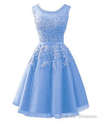 Blue Tulle Round Neckline Beaded Short Homecoming Dress, Lace Applique Cute Prom Dress