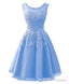 Blue Tulle Round Neckline Beaded Short Homecoming Dress