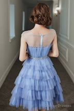 Blue Tulle Round Neckline Short Prom Dress, Cute Layered Blue Evening Party Dress