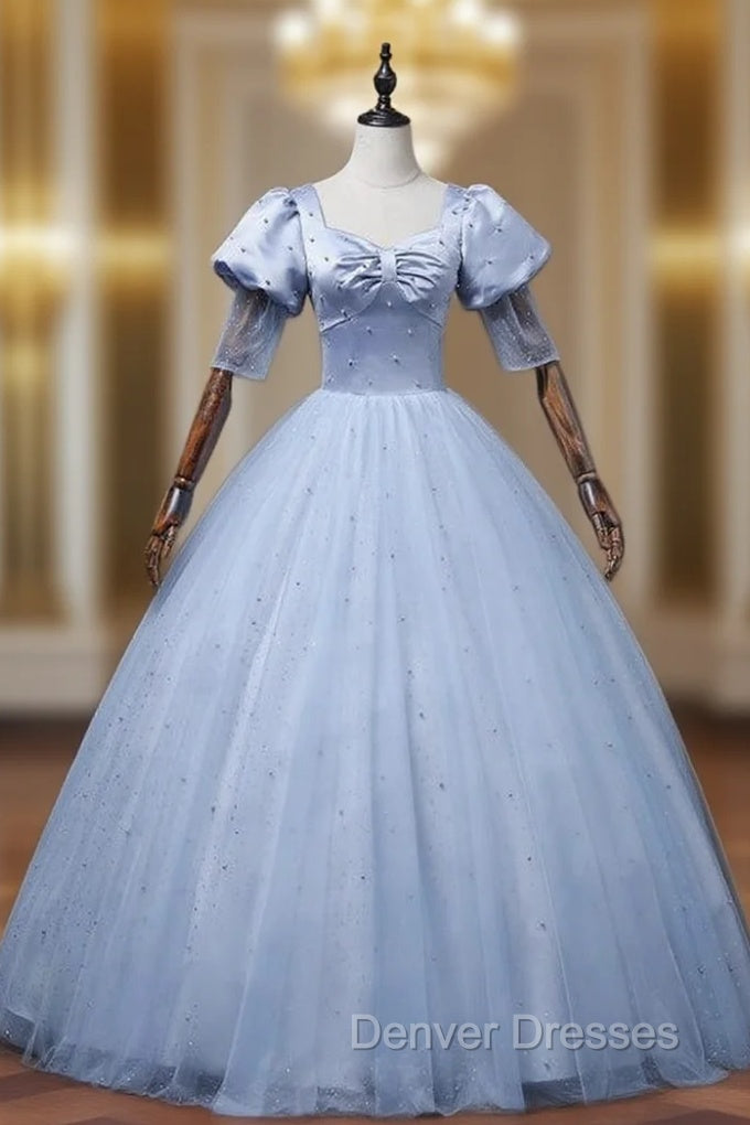 Blue Tulle Satin Square Puff Sleeve Pearl Quinceanera Dress Main image