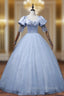 Blue Tulle Satin Square Puff Sleeve Pearl Quinceanera Dress