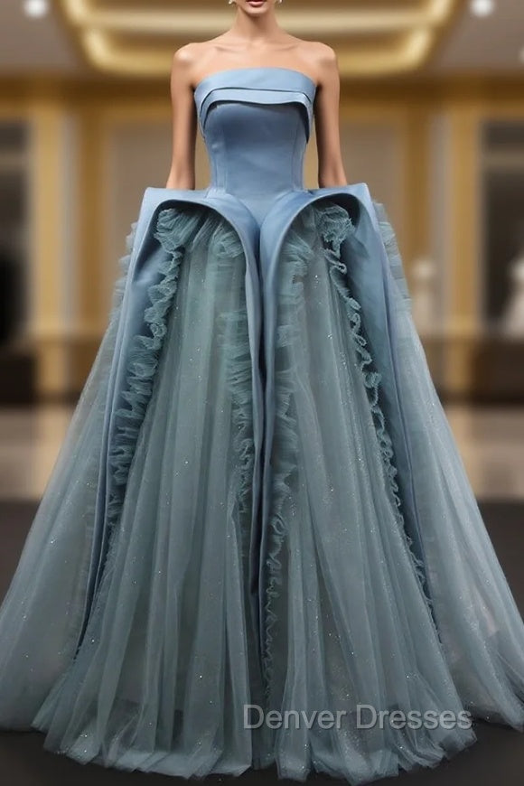Blue Tulle Satin Strapless Prom Dress Main image