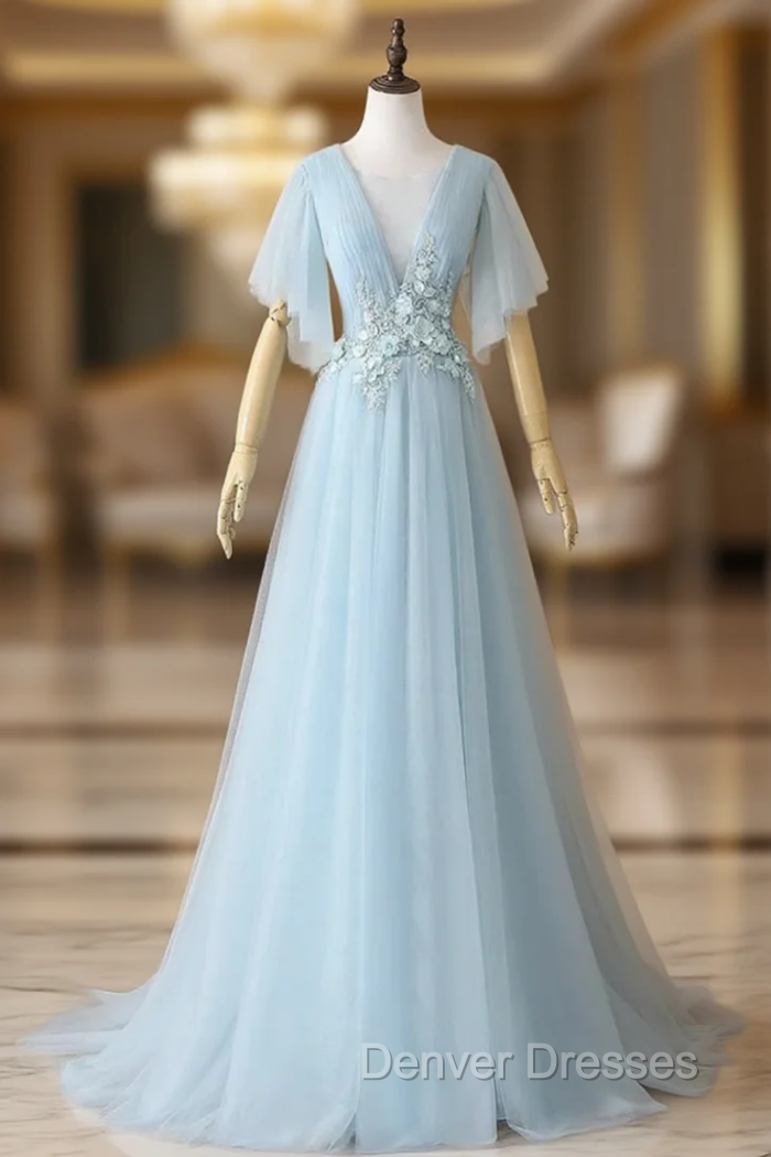 Blue Tulle See Through Neck Appliques Pleats prom Dress